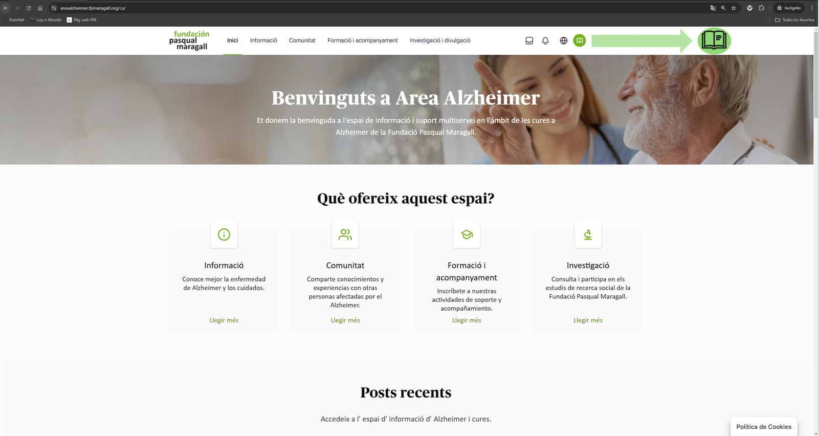 Captura de pantalla de la Home de AreAlzheimer amb el botó 'Els meus espais' resaltat