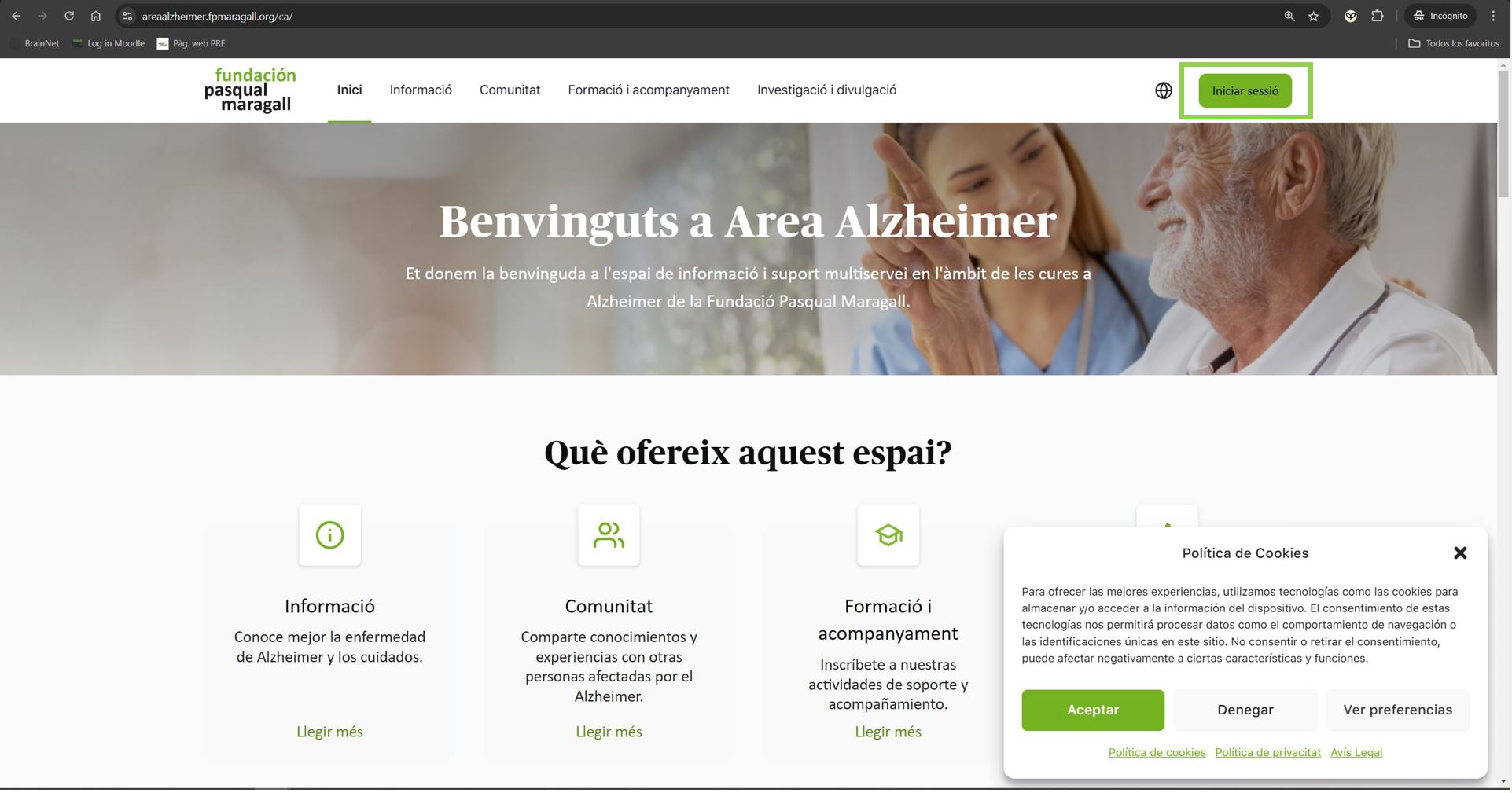 Captura de pantalla de la Home de AreAlzheimer amb el botó 'Iniciar sesió' resaltat