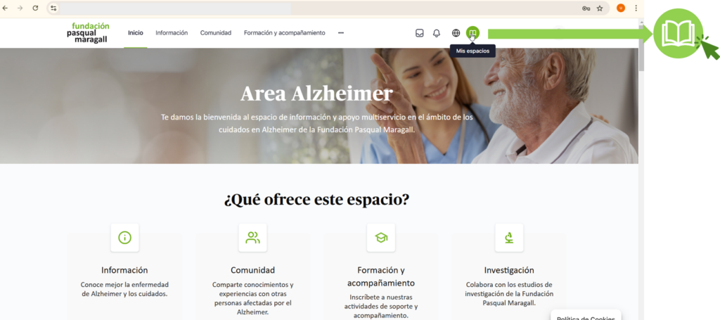 Imagen de la página inicial de Area Alzheimer con el botón de acceso a Mis Espacios destacado