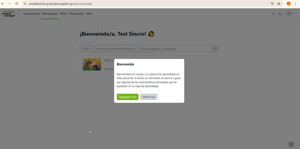 Captura de pantalla de la Home de Moodle amb el missatge de benvinguda que es mostra al accedir per primera vegada